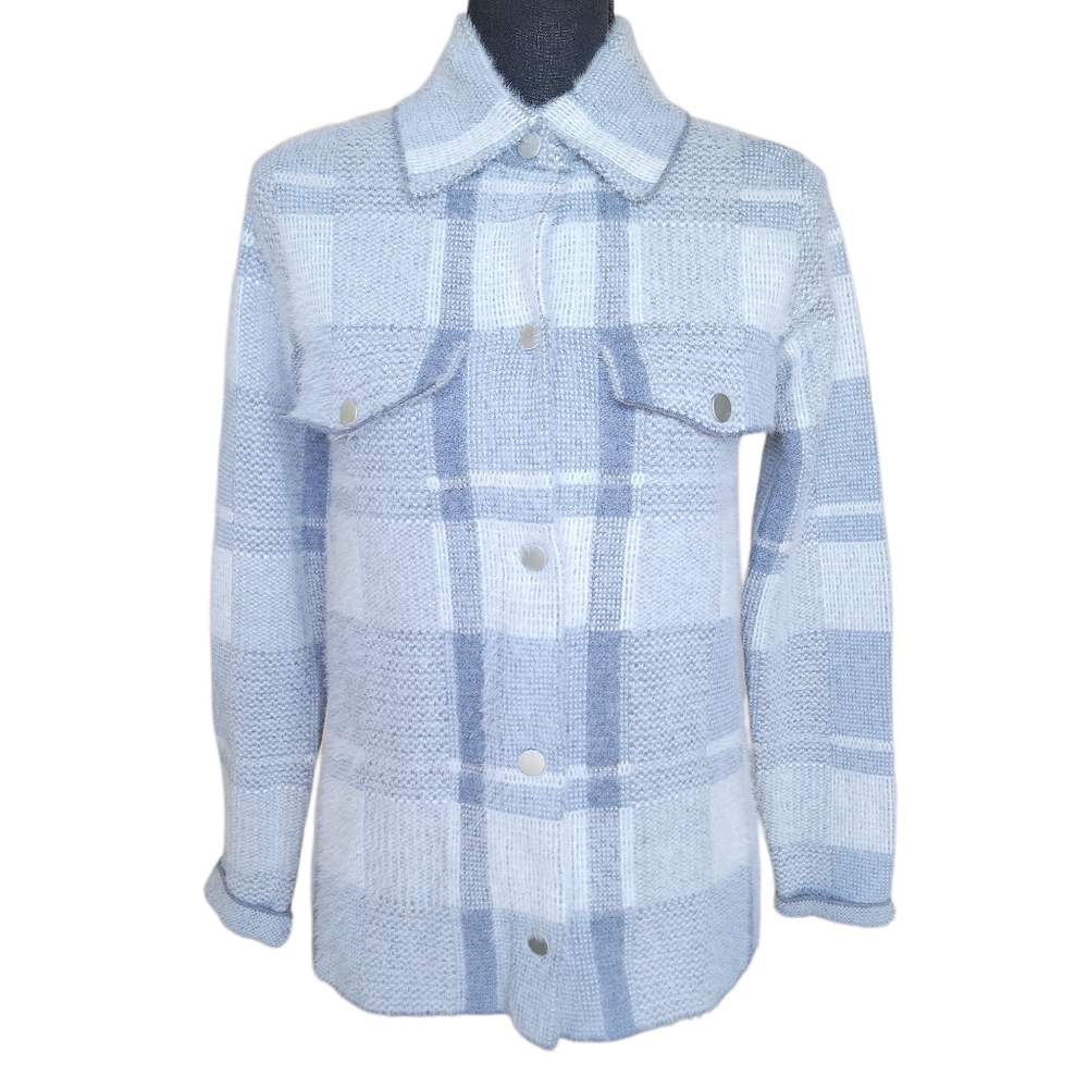 Rachel Zoe Pastel Blue & White Plaid Super Soft Button Up Sweater Coat Womens XS